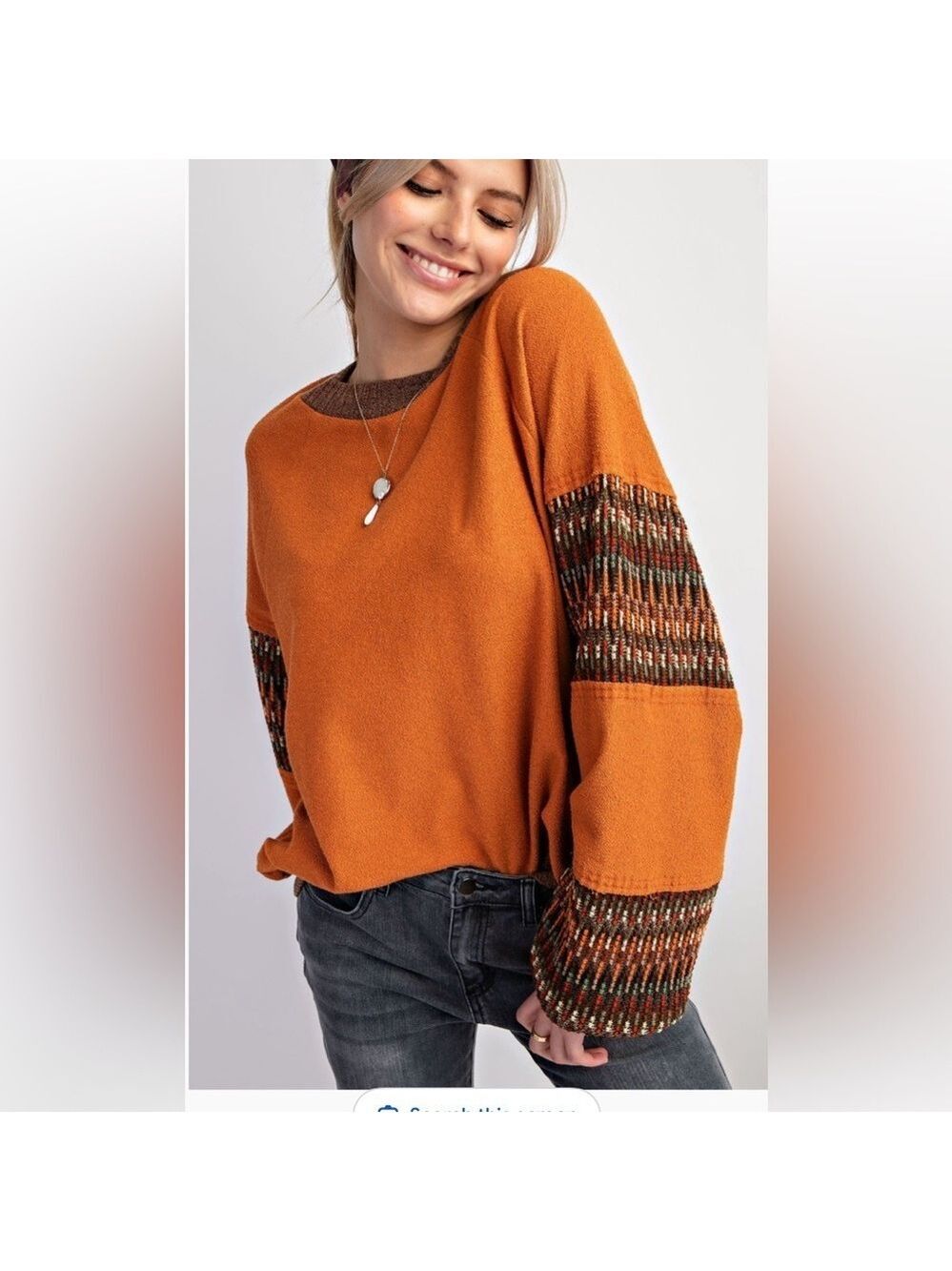 Easel Orange Knit Sweater with Patterned Sleeves - Picture 3 of 5